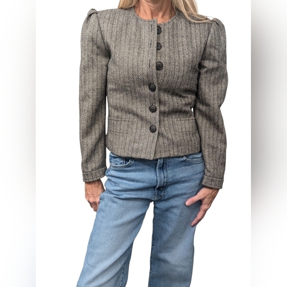 Source Unknown Jackets & Blazers - Vintage 80s Cashmere Wool Herringbone Puff Shoulder Cropped Jacket Sz 4